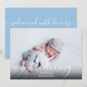 シンプルなお知らせスクリプト 男の子 青い写真 誕生 案内状 (正面/裏面)