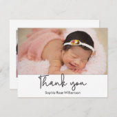 シンプルなお礼スクリプト ベビーガール 2枚の写真 招待状 (正面/裏面)