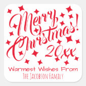 シンプルなお祭り気分を感じる 赤と白の楽しいクリスマス スクエアシール (正面)