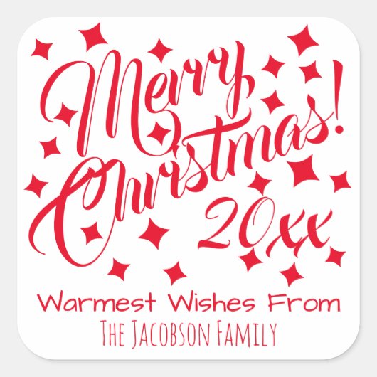 シンプルなお祭り気分を感じる 赤と白の楽しいクリスマス スクエアシール (正面)