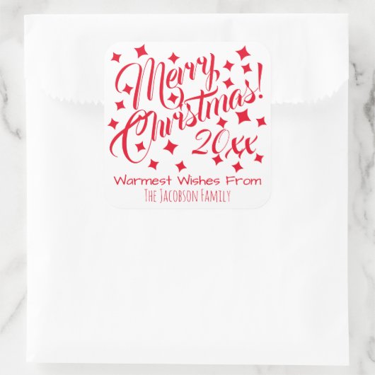 シンプルなお祭り気分を感じる 赤と白の楽しいクリスマス スクエアシール (バッグ)