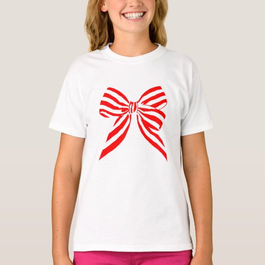 シンプルなかわいい赤いストライプのリボン Tシャツ (正面)