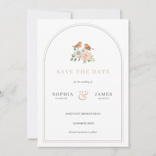 シンプルなアーチ愛の鳥は日付の招待を保存 招待状 (正面)