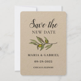 シンプルなオリーブの枝。素朴なクラフト紙のウェディング日程変更カード セーブザデート