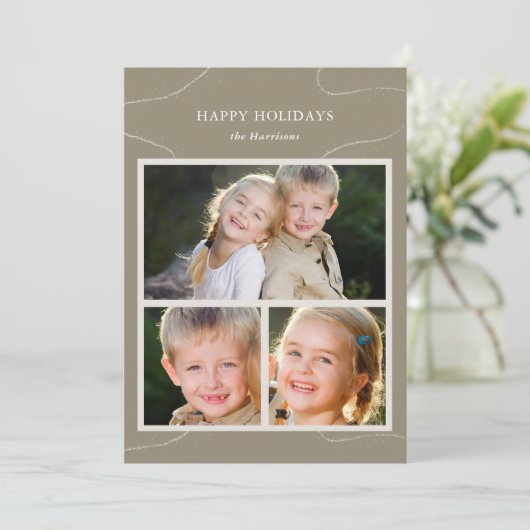 シンプルなオリーブグリーンのマルチ写真コラージュクリスマス シーズンカード (スタンド正面)