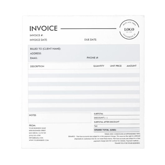 シンプルなカスタムビジネス請求書 販売領収書 ノートパッド (正面)