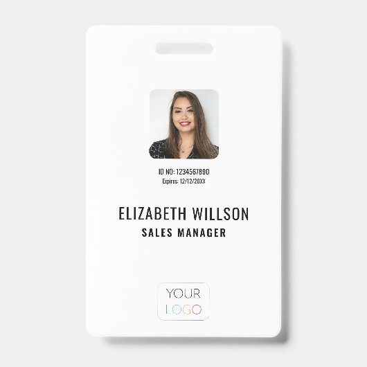 シンプルなカスタムロゴ、名前、写真付きの従業員ID バッジ (Front)