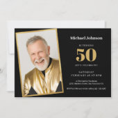 シンプルなカスタム写真 ブラック ゴールド 50歳の誕生日パーティー 招待状 (正面)