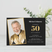 シンプルなカスタム写真 ブラック ゴールド 50歳の誕生日パーティー 招待状 (スタンド正面)