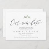 シンプルなカリグラフィーとグリーンが新しい日程をセーブ 招待状 (正面/裏面)