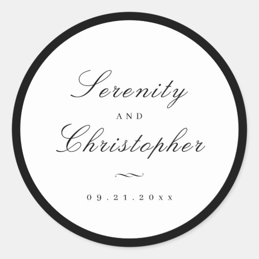 シンプルなカリグラフィーのスクリプト サンプル ウェディング ファー ラウンドシール (正面)