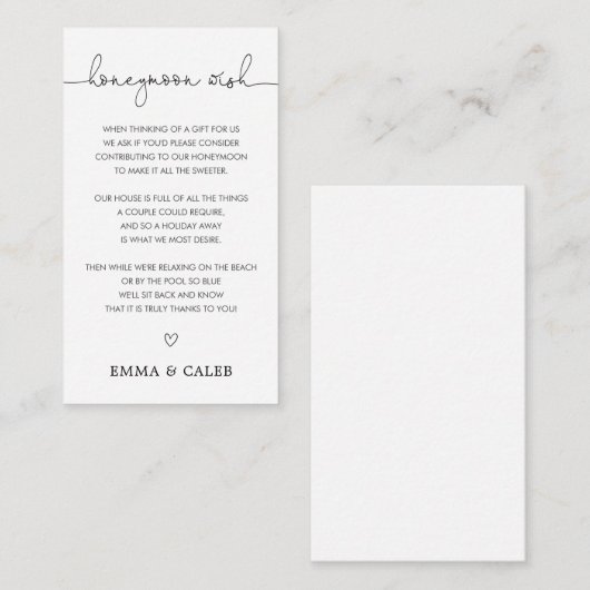 シンプルなカリグラフィーのハネムーンファンド エンクロージャーカード (正面/裏面)