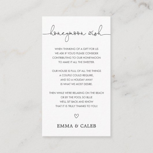 シンプルなカリグラフィーのハネムーンファンド エンクロージャーカード (正面)
