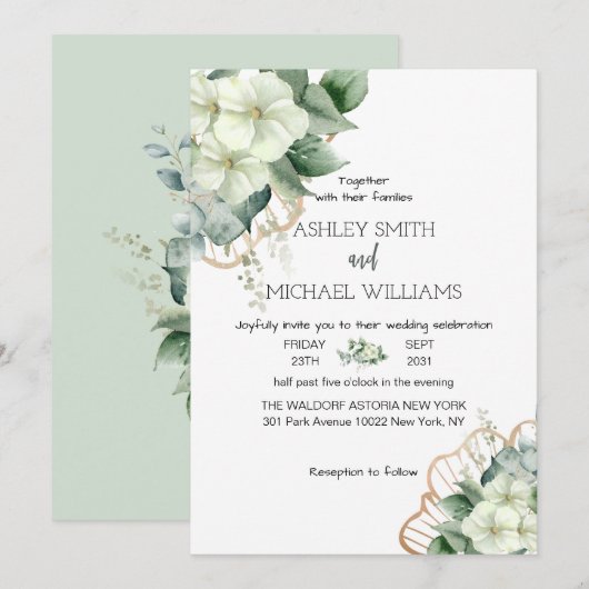 シンプルなカリグラフィー ラスティックグリーン フローラル ウェディング 招待状 (正面/裏面)