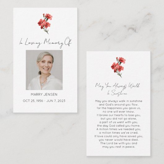 シンプルなカーネーションの写真入り葬儀祈祷カード 名刺 (正面/裏面)