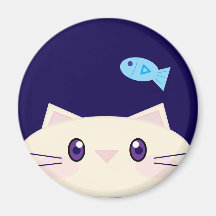 シンプルなキャラクター猫と金魚の丸型マグネット