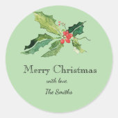 シンプルなクリスマスの水彩植物画クラシック ラウンドシール (正面)