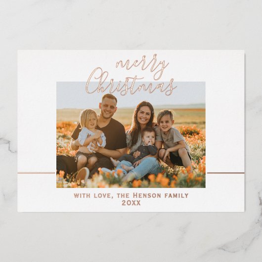 シンプルなクリスマススクリプトファミリーフォト 箔シーズンカード (正面)