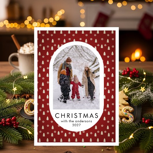 シンプルなクリスマスモミの木柄の家族写真 シーズンカード