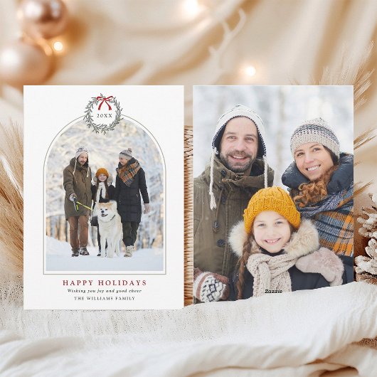 シンプルなクリスマスリースアーチ型家族2枚の写真  シーズンカード
