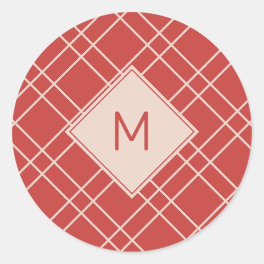 シンプルなクリスマス　赤とクリームのモノグラムチェック ラウンドシール (正面)