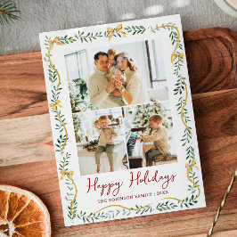 シンプルなグリーンとゴールドのボウクリスマス3枚の写真 シーズンカード