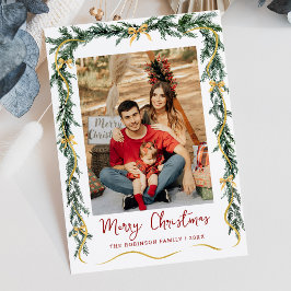 シンプルなグリーンとゴールドのボウ メリークリスマス 1枚の写真 シーズンカード