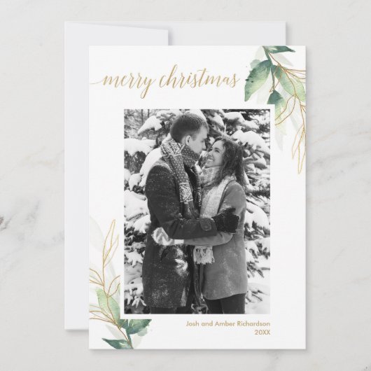 シンプルなグリーンとゴールドのモダンなクリスマス写真カード (正面)