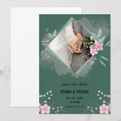 シンプルなグリーンとピンクのSave the Date 招待状 (正面/裏面)