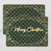 シンプルなグリーンのチェック柄のゴールドのクリスマスカード シーズンカード (正面/裏面)