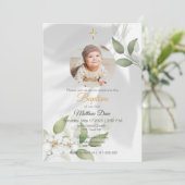 シンプルなグリーンの葉の写真を使った洗礼式招待状 招待状 (スタンド正面)