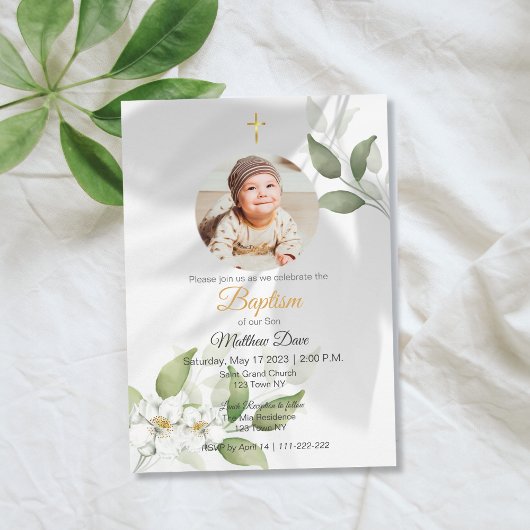 シンプルなグリーンの葉の写真を使った洗礼式招待状 招待状
