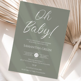 シンプルなグリーンの「Oh Baby」ベビーシャワー 招待状