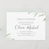 シンプルなグリーンカリグラフィー結婚式延期のお知らせ 招待状 (正面/裏面)