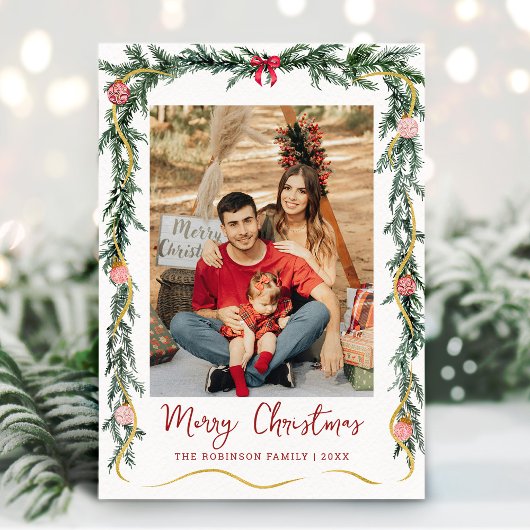 シンプルなグリーンリース メリークリスマス 1枚の写真 シーズンカード