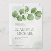 シンプルなグリーン水彩の葉のウェディング 招待状 (正面)