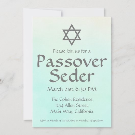 シンプルなグリーン水彩画のペサハ・セデル招待状 招待状 (正面)