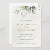 シンプルなグリーン＆ゴールドの葉の結婚式招待状 招待状 (正面/裏面)