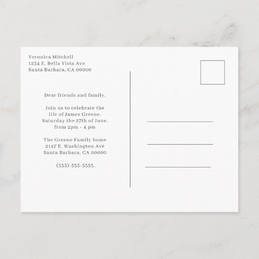 シンプルなグレーの写真を使ったライフセレブレーション招待状 案内ポストカード (裏面)