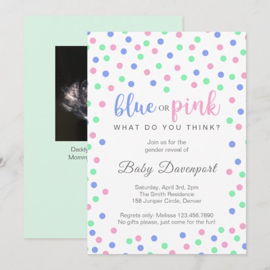 シンプルなコンフェッティー 可愛い 性別発表 招待状 (正面/裏面)