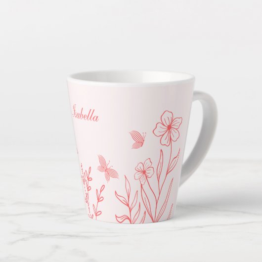 シンプルなコーラルピンクの植物学 カフェラテマグ (右アングル)