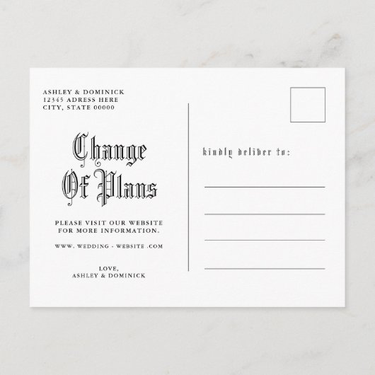 シンプルなゴシックウェディングの延期・変更のお知らせ 案内ポストカード (裏面)