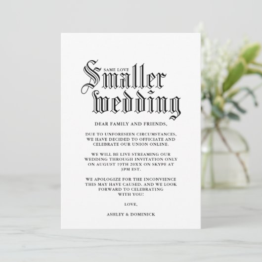 シンプルなゴシックスタイルの小さな結婚式のお知らせカード 招待状 (スタンド正面)