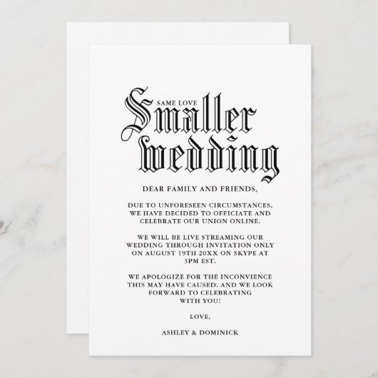 シンプルなゴシックスタイルの小さな結婚式のお知らせカード 招待状 (正面/裏面)