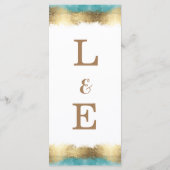 シンプルなゴールドの箔とアクアブルーの枠のミニマリスト メニュー (裏面)