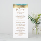 シンプルなゴールドの箔とアクアブルーの枠のミニマリスト メニュー (スタンド正面)