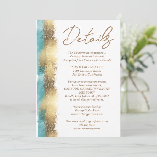 シンプルなゴールドの箔とアクアブルーの枠のミニマリスト 招待状 (スタンド正面)