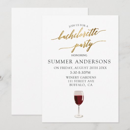 シンプルなゴールドの箔テクスチャー ワインバチェロレッテパーティー 招待状 (正面/裏面)