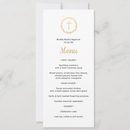 シンプルなゴールドの花輪と十字架 洗礼 メニュー 招待状 (正面)
