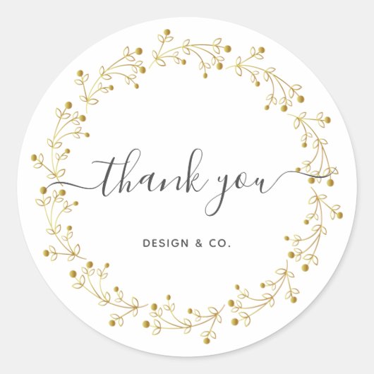 シンプルなゴールドの花輪感謝ステッカー ラウンドシール (正面)